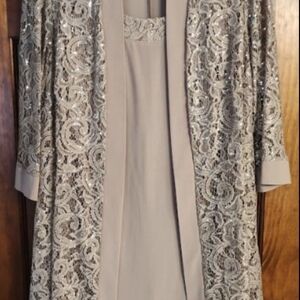 R & M Richards Silver Lace Wedding Dress